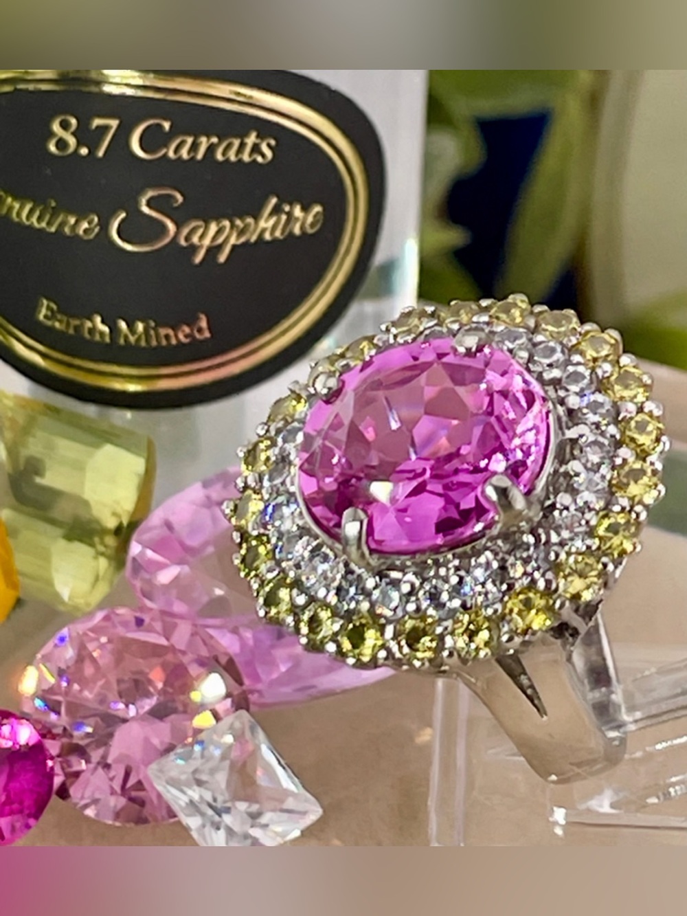 Pink Sapphire yellow & white sapph accents. Sz-8. 14k white Gold Silver. 8.7ct